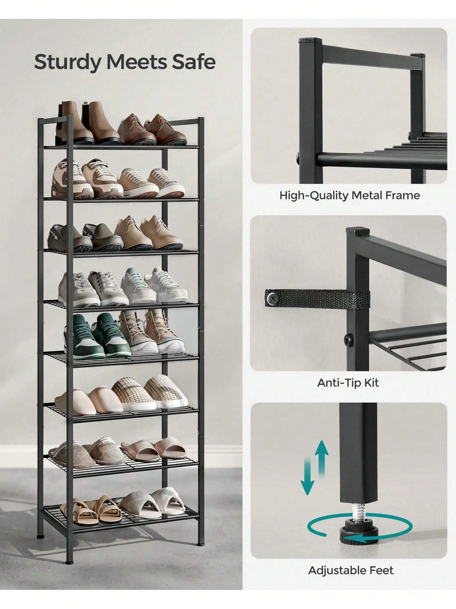 SONGMICS Shoe Rack 8 Tier Tall Shoe Storage Organizer, Sturdy Metal Narrow Shoe Rack Shelf For Closet Entry Small Space, Slim