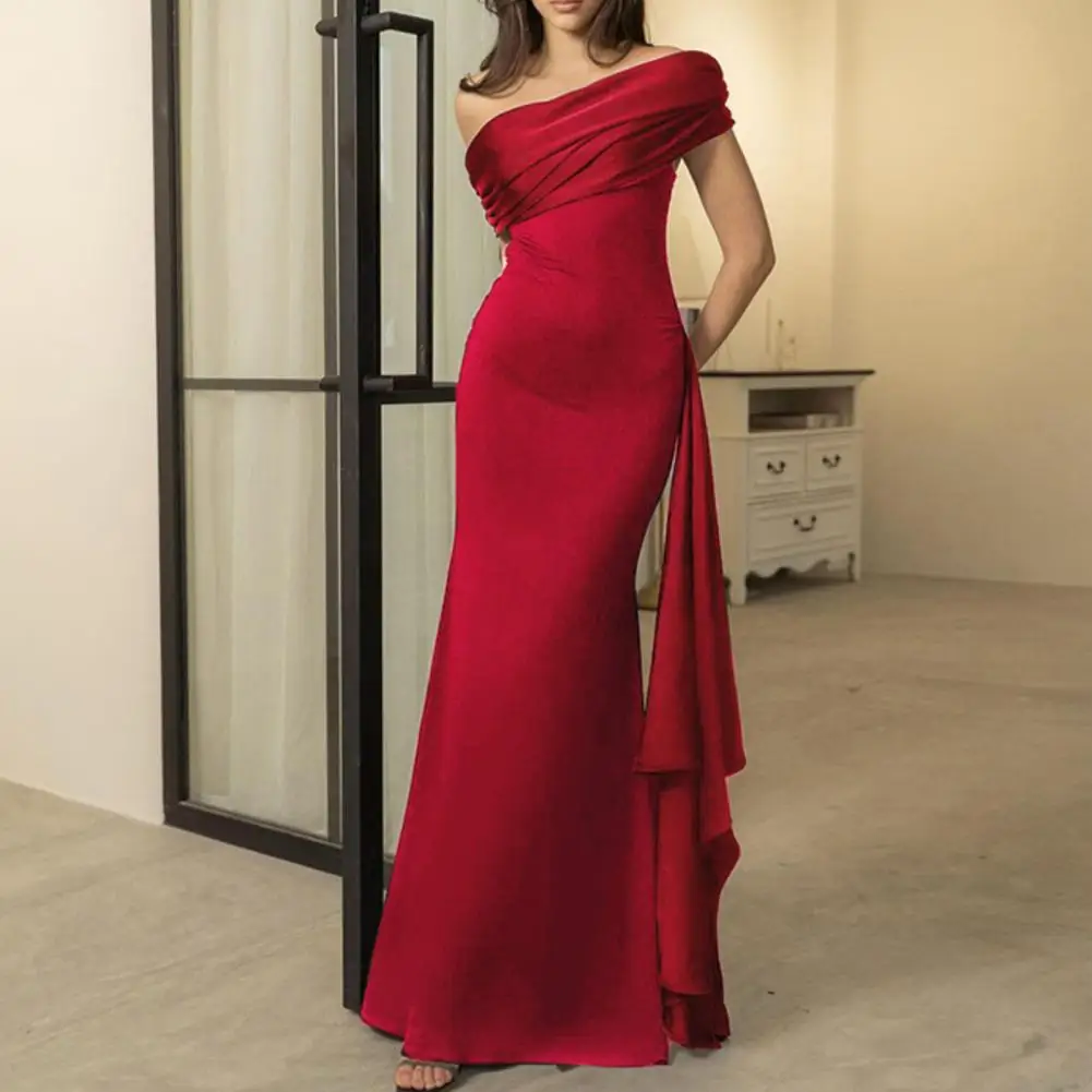 2026 Lady Evening Dress Slant Neck Off Shoulder Sleeveless Pleated Lace-up Sash Decor Irregular Design Prom Party Maxi Dress Sum