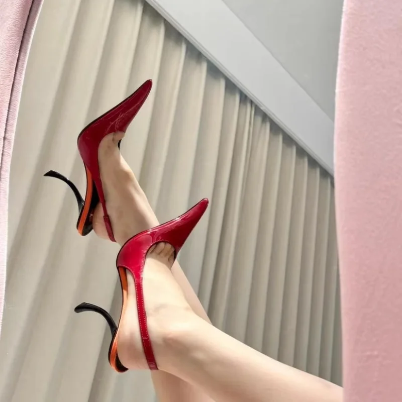 

Pointed Toe Sexy High Heeled Sandals Patent Leather Unique Shape Thin Heel Black Red Color Shallow Mouth Women's Shoes