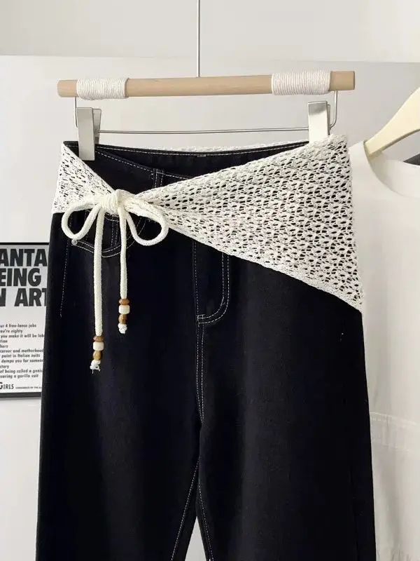 2026 Summer Womens 100 Percent Acrylic Beaded Openwork Knit Triangle Scarf Lightweight Versatile Decorative Tie Shawl Hip Cover