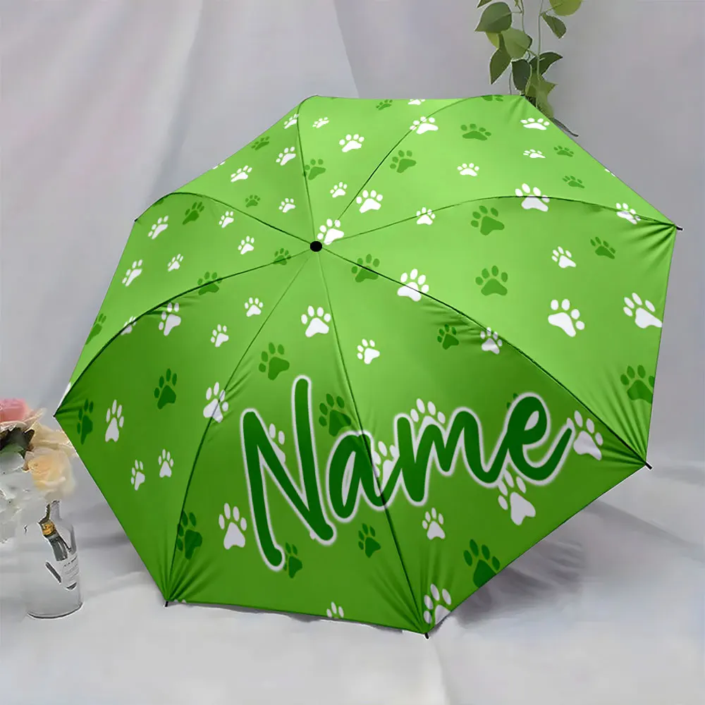 Custom Name Green Umbrella with Cute Paw Print Design Name Text Print 8 Iron Ribs Folding Umbrella Auto-Open Fashion Sunshade