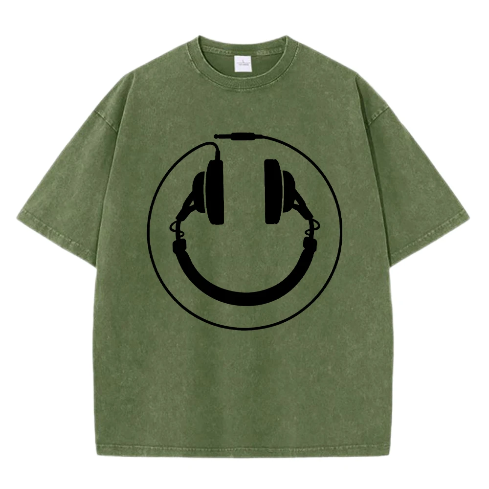 

Wired Headphones Print Washed Cotton T Shirt Man All-Match Hip Hop Streetwear Fashion Casual T-Shirts Crewneck Loose Soft Tops
