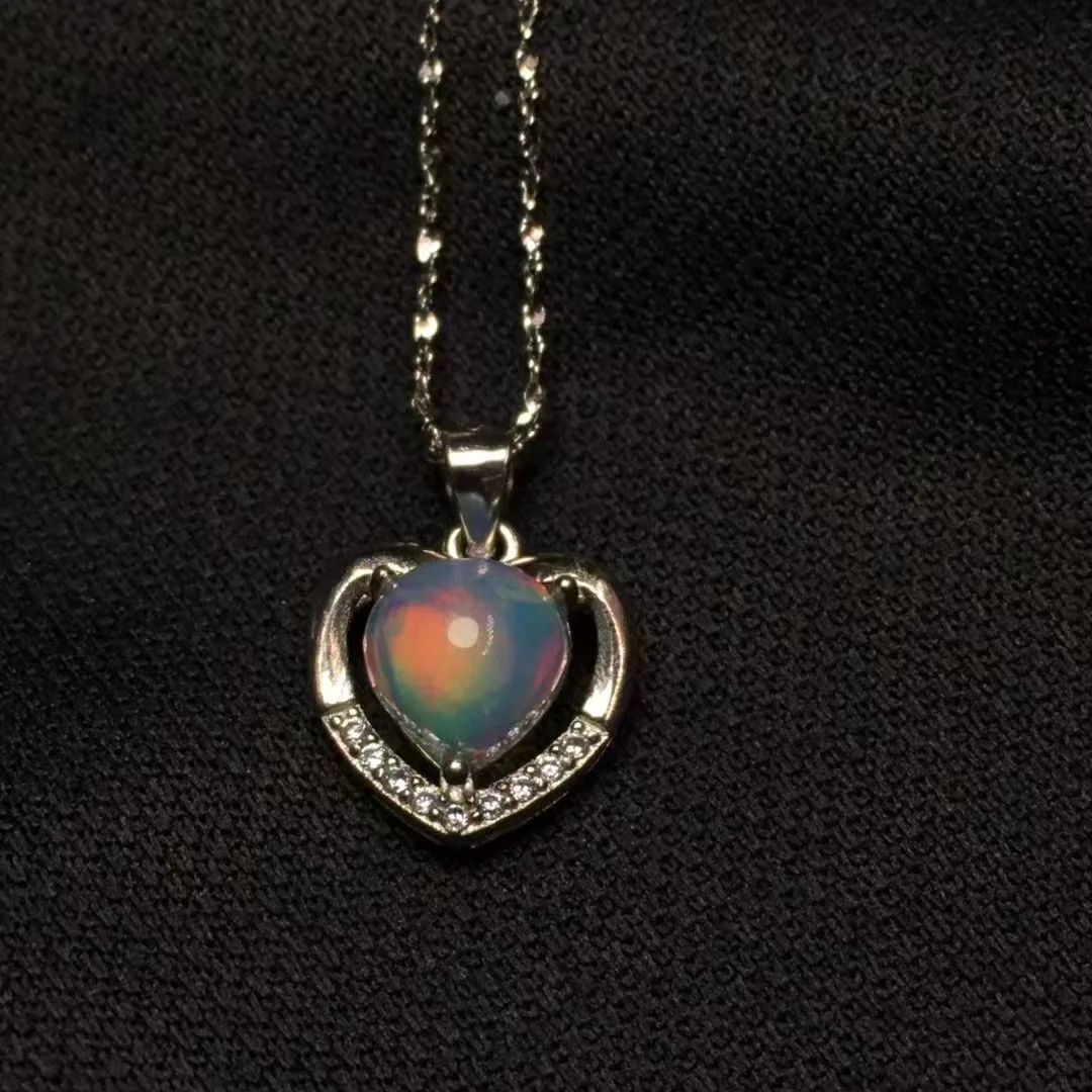 Unit One Piece 925 Silver Buckle With Natural Rainbow Opal Crystal Healing Heart Shape Pendant