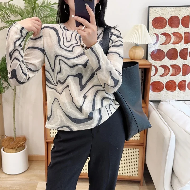 2024 Autumn Winter Ink wash painting wave Cashmere Sweater Women O-Neck Long Sleeve Women Pullover Cashmere Sweater Women