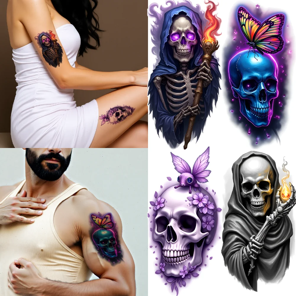 

3pcs Temporary Tattoo Gothic Tattoos Waterproof Long-lasting Body Stickers Skull Art Fantasy Illustrations For Adults Women