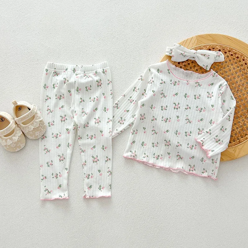 MILANCEL New Autumn Baby Clothes Set 0-3T Infant Pink Floral Shirt + Pants +Hair Band Girls Sweet Home Wear Suit 3PCS