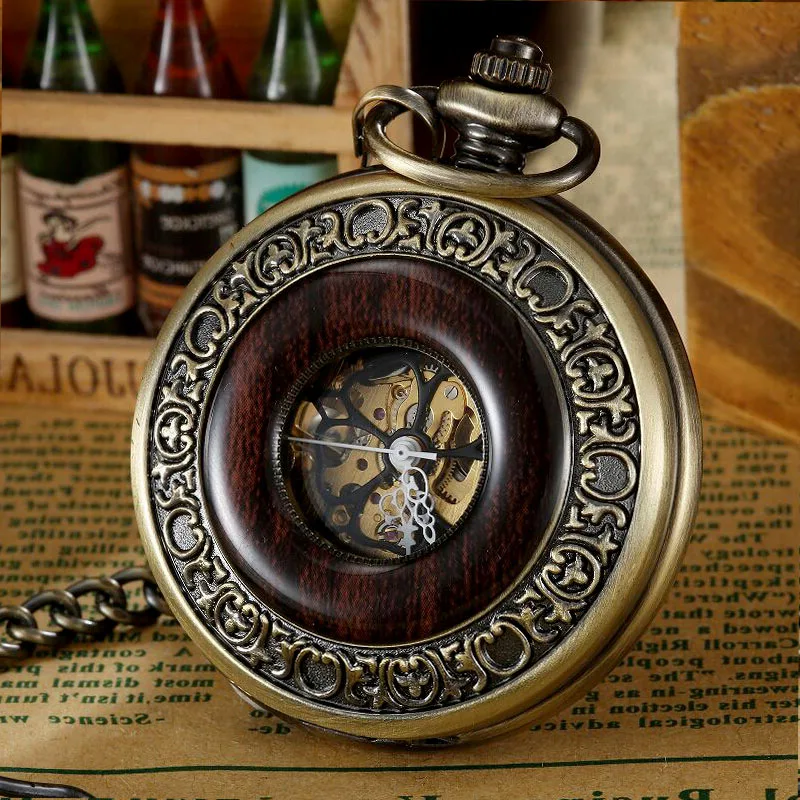 Reloj de bolsillo mecánico de madera maciza para hombres y mujeres, cadena FOB, medallón, Dial, hueco, esqueleto Steampunk, reloj masculino, paquete de caja