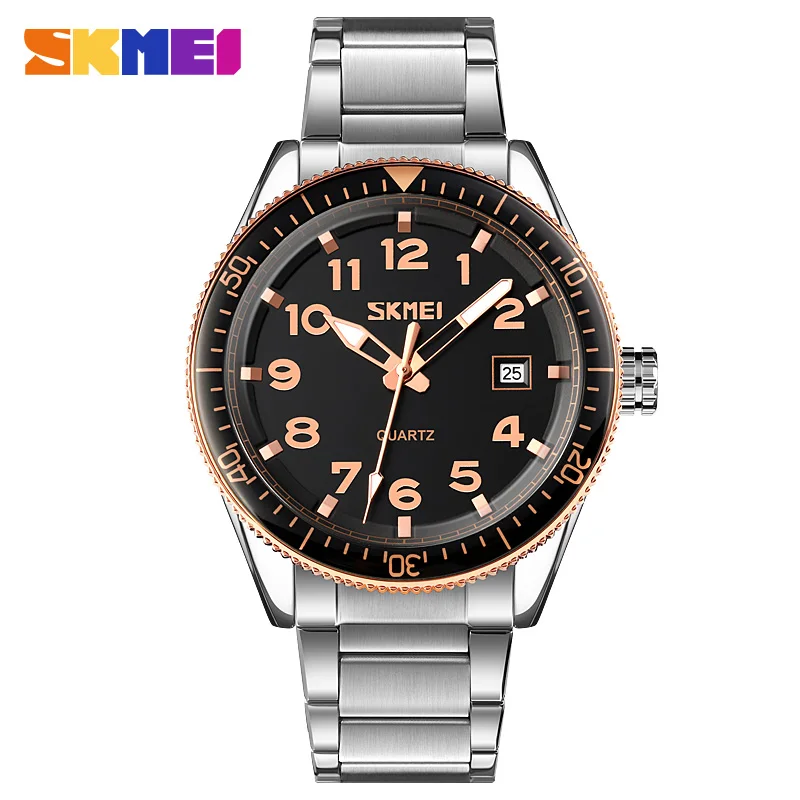 SKMEI Fashion Genuine Leather Stainless Steel Strap Watches Men Luxury Quartz Wristwatch Time Date Waterproof Clock Reloj Hombre