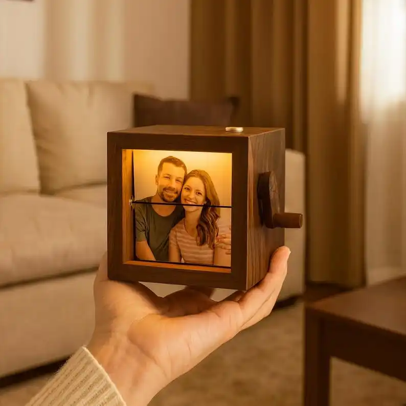 Unique Gift for Couples Personalized Flipbook Box Photo Frame with Light Wooden Hand Crank Photo Album Custom Family Photos Cube