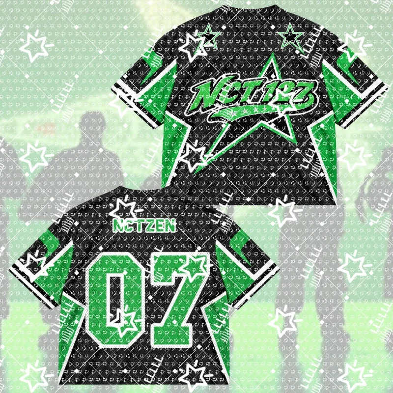 Women K-Pop Cropped Football Jersey Black Green Star Varsity Print Number 07 V-Neck Short Sleeve Crop Top Fan Streetwear
