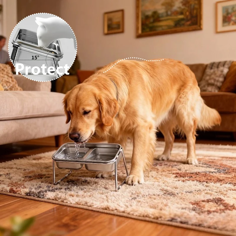 

Anti Slip Pet Food Bowl Made of 304 Stainless Steel Durable and Easy To Clean Cat Dog Bowl Tilted At 15 ° To Protect Pet's Neck