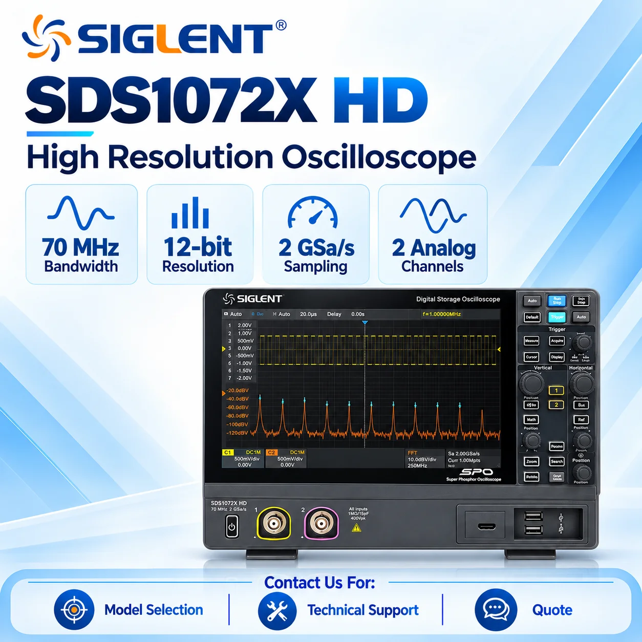 SIGLENT SDS1000X HD Digital Oscilloscope, SDS1072X/SDS1074X/SDS1102X/SDS1104X/SDS1202X/SDS1204X, 70-200MHz, 2/4CH, 12-bit ADC