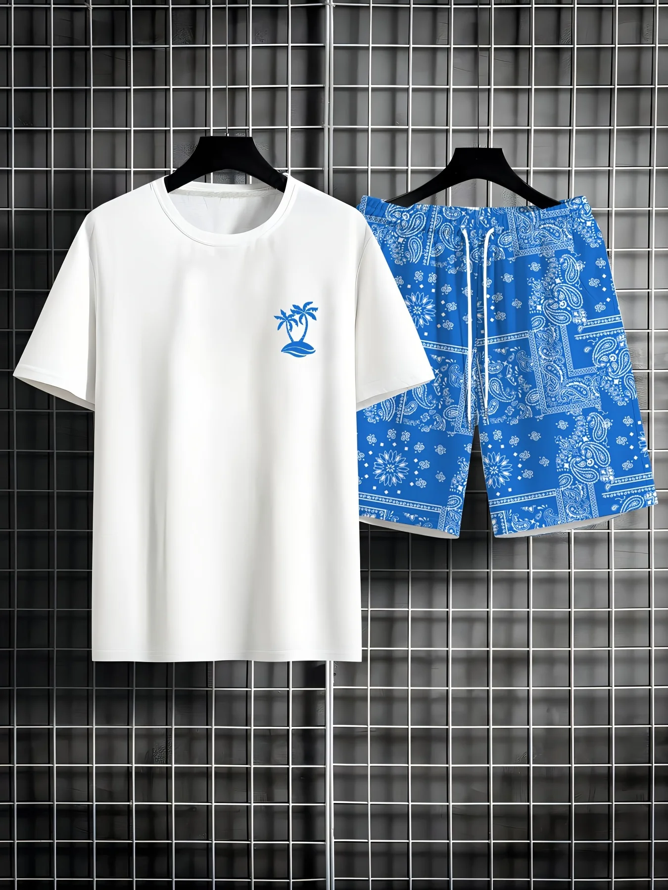 

Men'S 2pcs Summer Beach Suit, Hawaiian Coconut Tree Print, Casual Crew Neck T-Shirt & Drawstring Shorts, Polyester Knit Fabric,