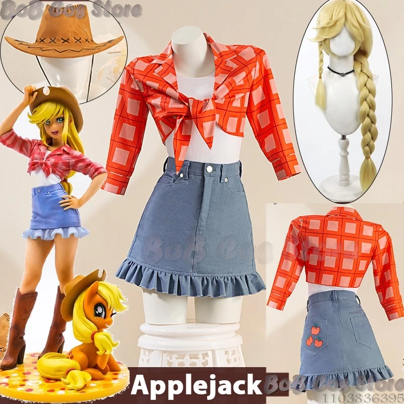 Little Pony Applejack Anime AJ Cosplay Costume Cowgirl Hat Suit Bloned 1m Wig Sexy Girl Women Hight Quality Holloween Customized