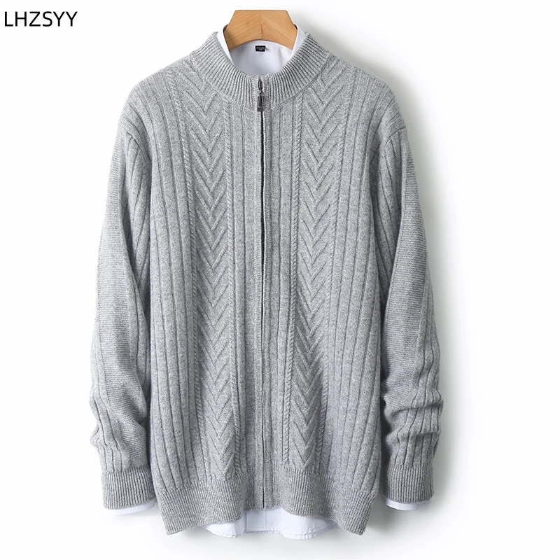 LHZSYY Cashmere Cardigan Men's Semi-high-Neck zipper Twisted Coat Thick Sweater coat Loose Large size Men Jacket Warm Knit Shirt