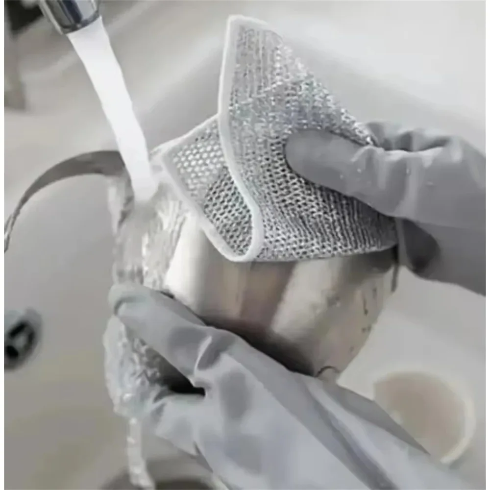 10 Stück magisches Geschirrtuch mit Silberdraht, integriertem Schwamm, verdickte Mikrofaser, Küchenreinigungstuch, Stahl-Peeling-Kugel, vielseitig einsetzbar – Detail 3
