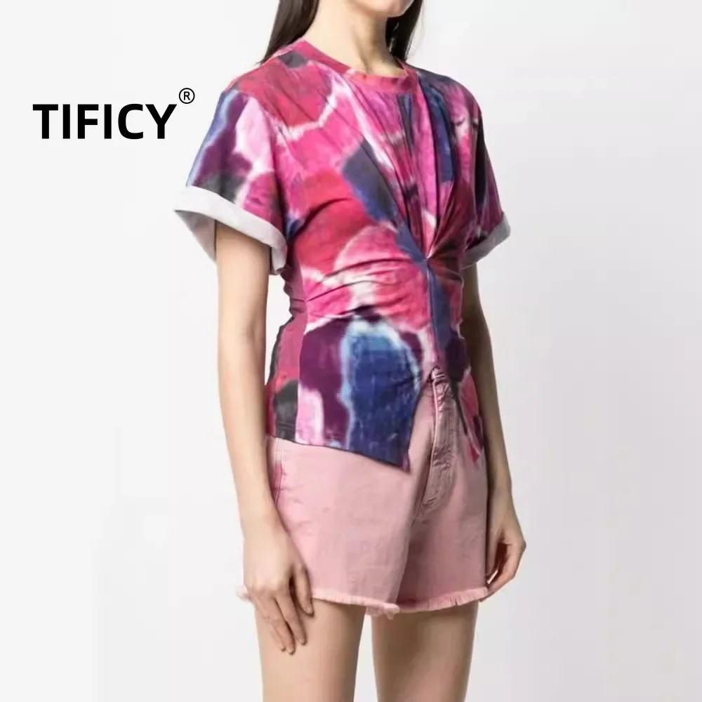 

TIFICY High End Women's Printed T-shirt Women's Spring and Summer Sense Waist Cinching Pure Cotton Short Sleeved T-shirts Tops