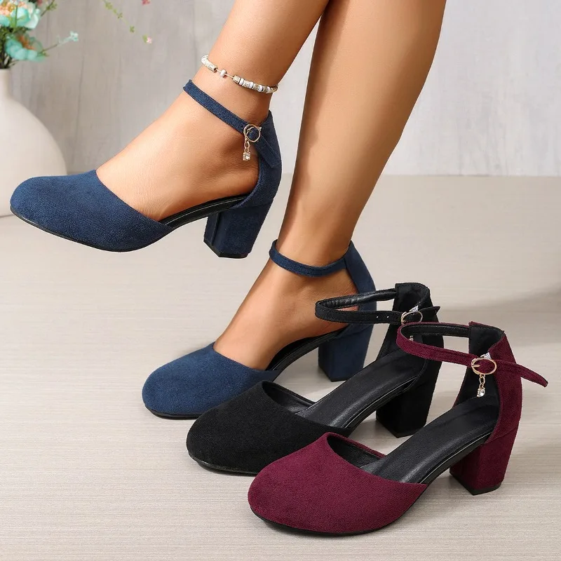 Sandalias de tacón de bloque con hebilla, de gamuza hueca, de punta redonda y boca poco profunda, talla grande, estilo Mary Jane, a la moda