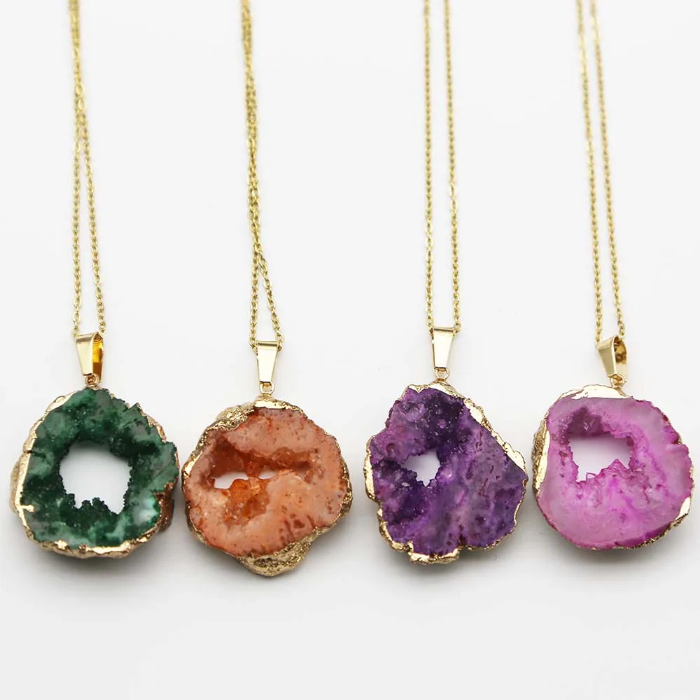 

Natural Agates Irregular Raw Stone Slice Necklace Pendants Crystal Plating Phnom Penh Druzy Geode Charms DIY Jewelry Making 4Pcs