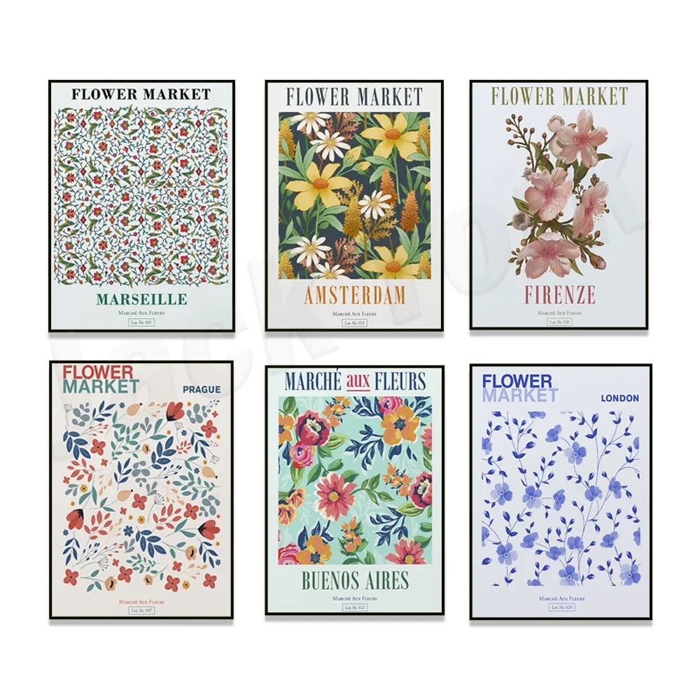 Amsterdam, Florence, Vienna, Barcelona, Valencia, Spain, Prague, Marseille, France, London flower market boho aesthetic poster