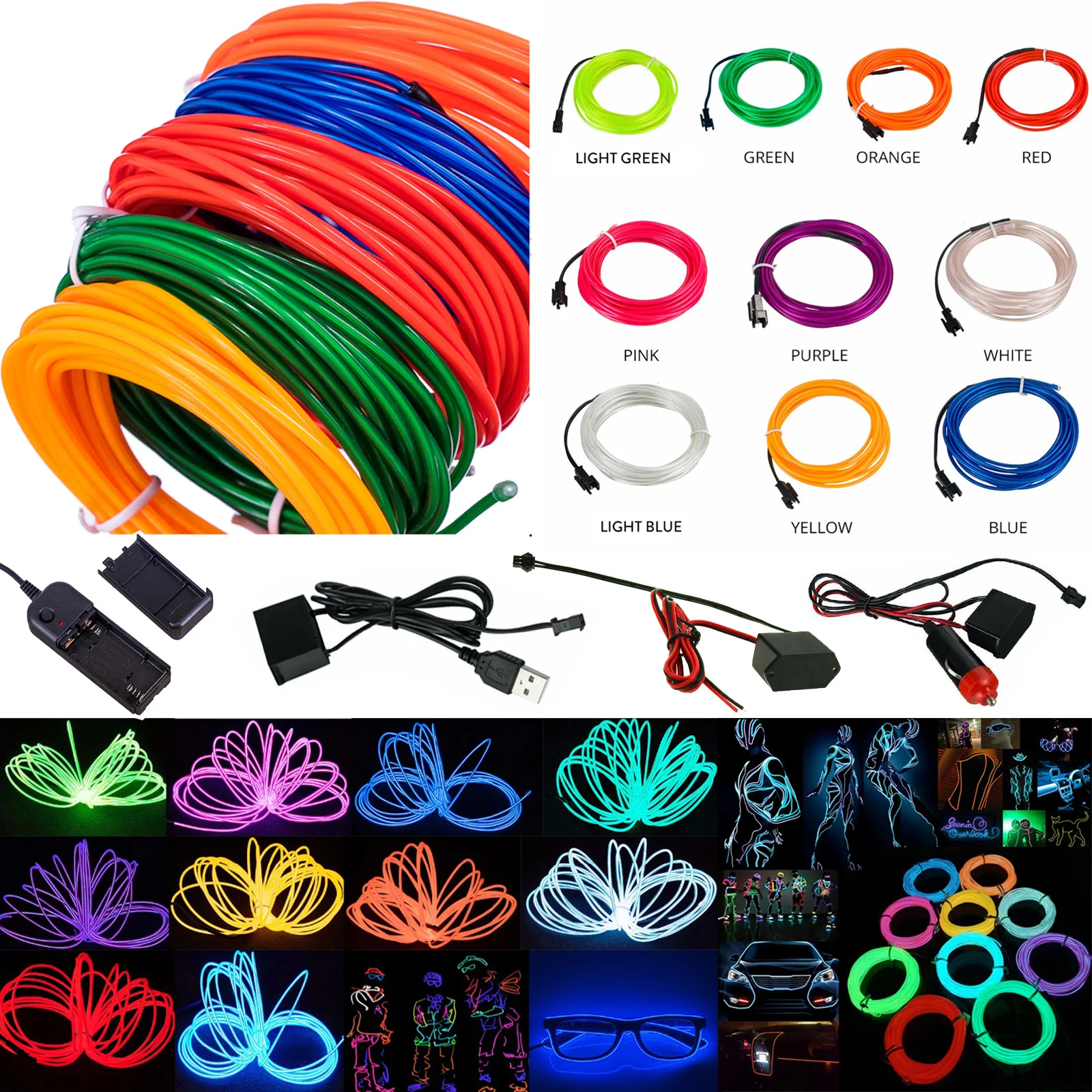 1M-5M Neon Glow EL Wire Rope 3V Battery Operated 5V USB 12V with Adapter Flexible LED Strip for Car Party Dance Atmosphere Decor