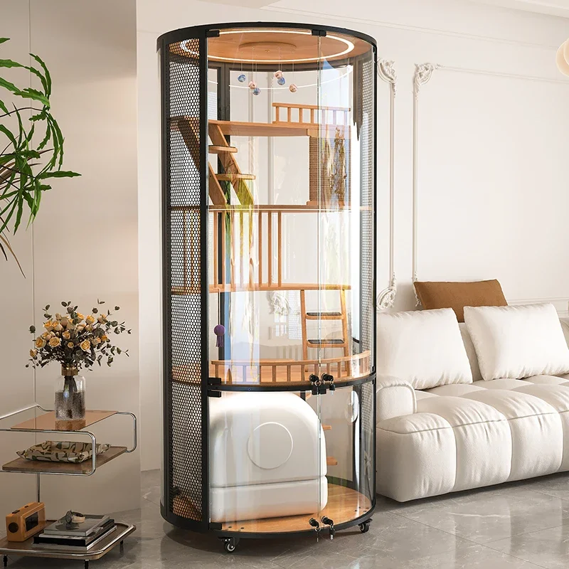 

Cat villa, luxury 360 panoramic cat cage house, solid wood, steel and glass can be placed in smart cat toilet
