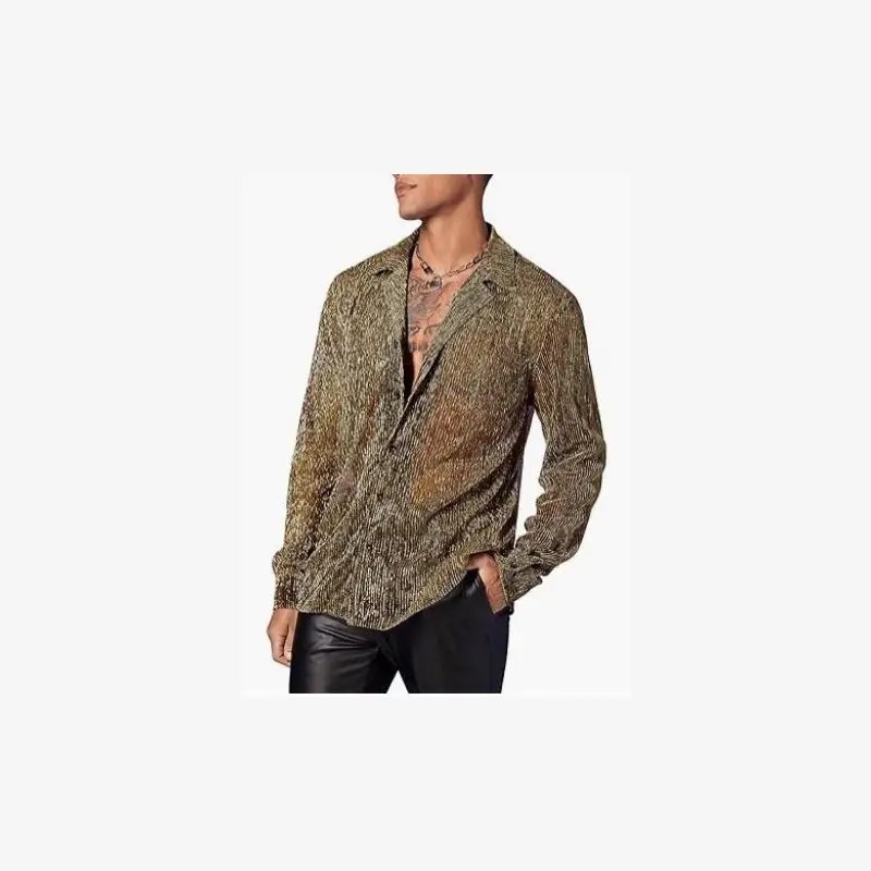 

Men's Casual Long Sleeve Shirt Fashionable See-through Crystal Stand Collar Spring Summer Male Clothing Standard Fit Breathable