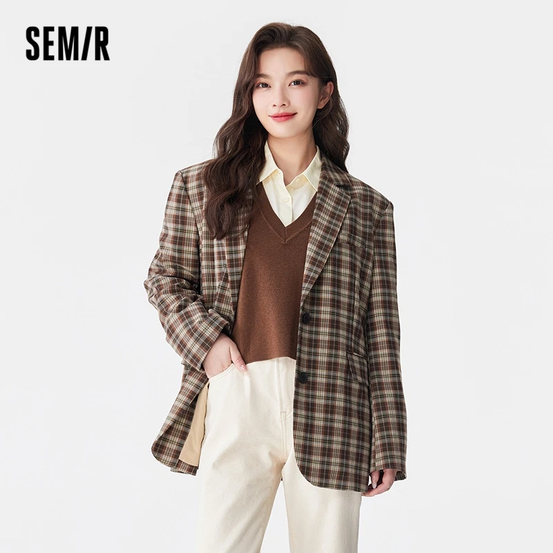 Semir Women Jacket Autumn New Mid-length Retro Fashion Plaid Suit  Loose Commuting Style  Trendy Design Jacket for Women