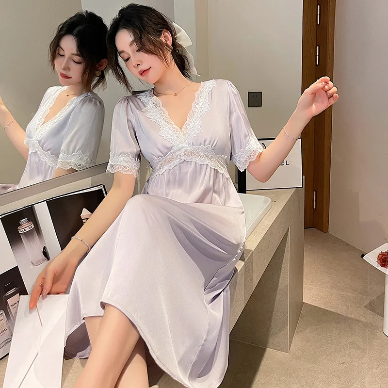 Sleepwear Women Nightdress Satin Lace Sleep Dress Long Sleeve V-neck Nightgown Loungewear Robe Kimono Summer Dressing Gown