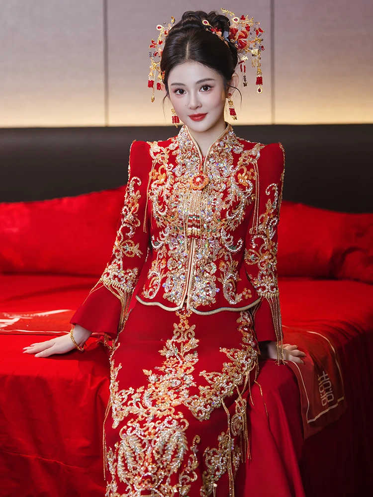 

Новый китайский свадебный костюм Сюйхуо 2026 года для невесты, традиционная церемония, церемония питья, свадебное платье с длинными рукавами