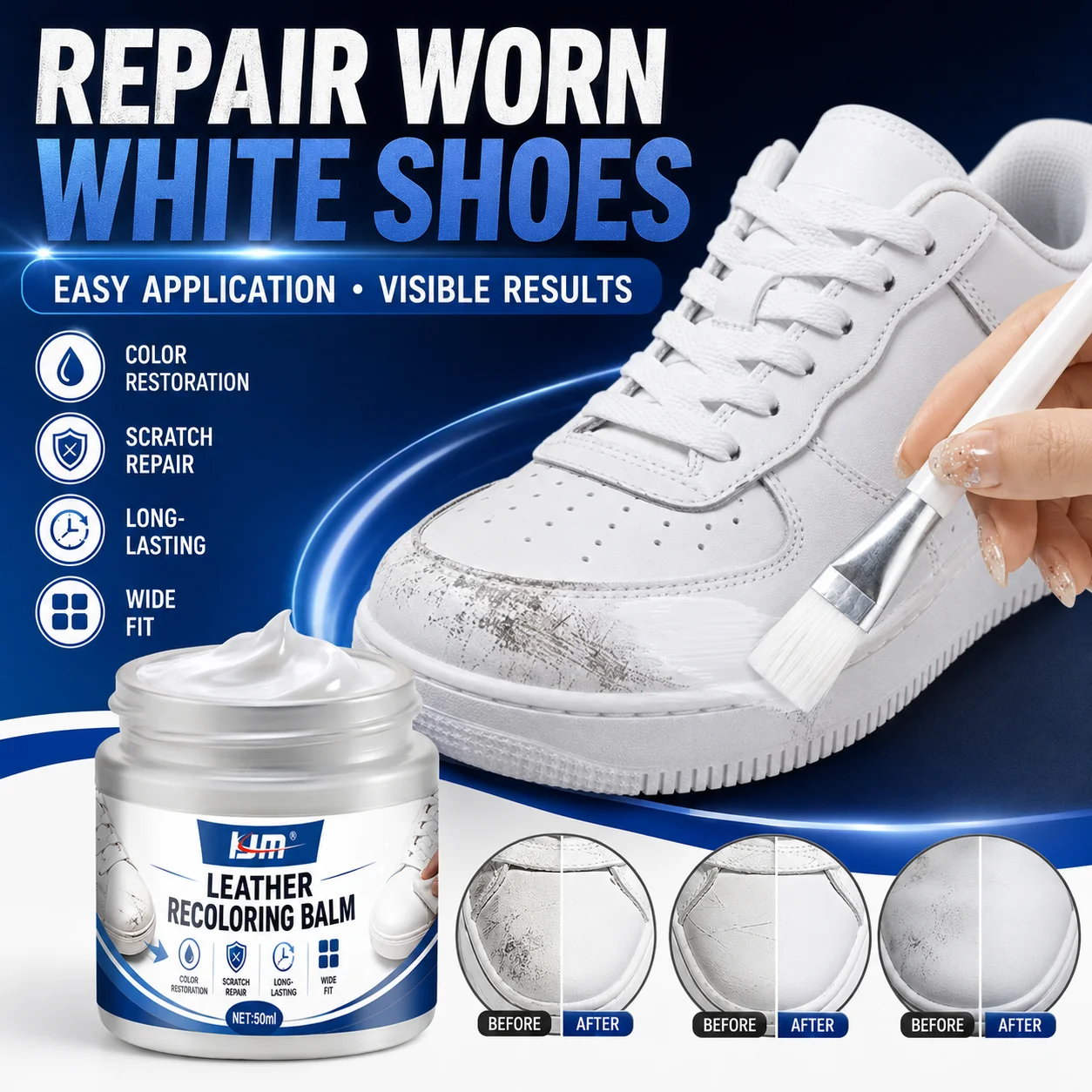 KJM White Shoe Repair Cream 50ml Leather Recoloring Balm Sneaker Whitener Scratch Scuff Cover Color Restorer Shoe Polish