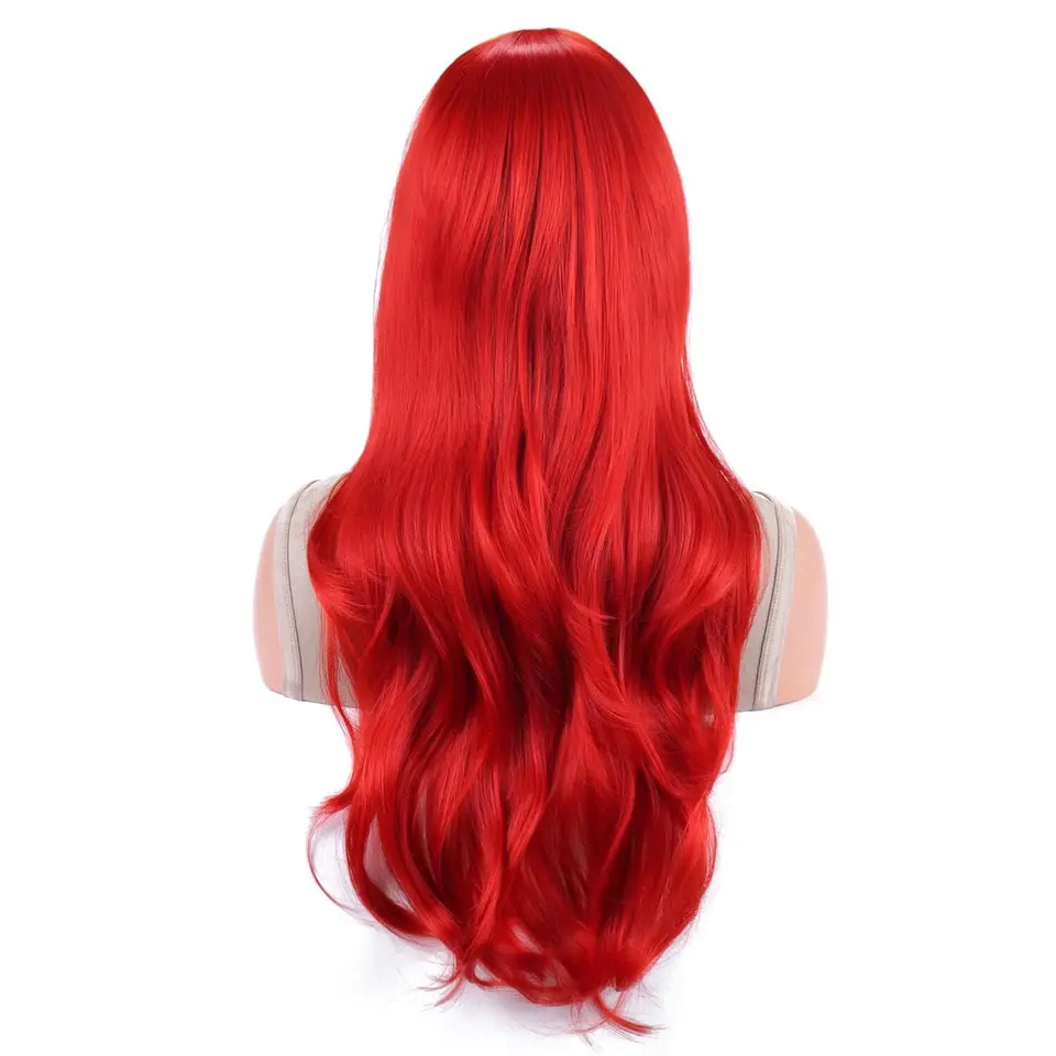 Peluca Sintética Probeauty Sirena Larga Roja Rizada Body Wave Peluca para Disfraces de Halloween Cosplay para Mujer Peluca de Moda para Uso Diario 3