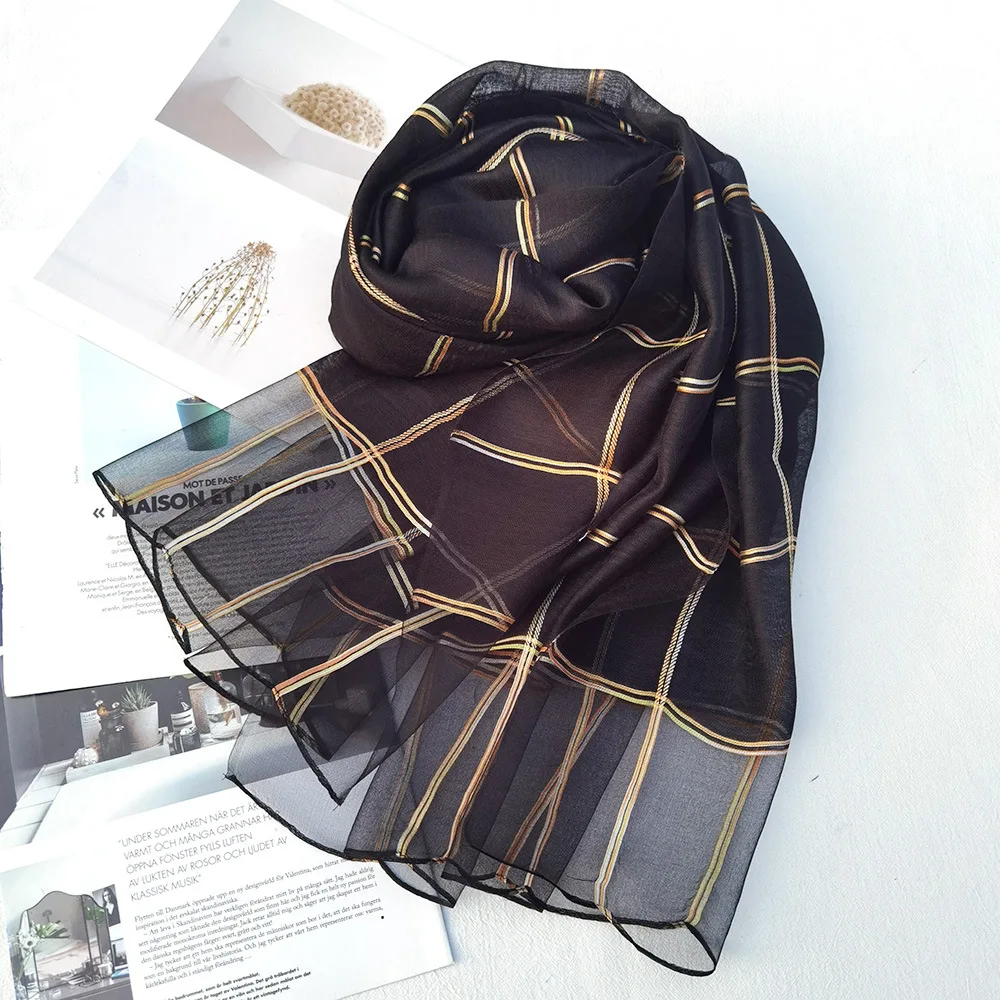 New Checkered Silk Wool Scarf Gold Thread Elegant Silk Scarf Women\'s Solid Sunscreen Shawl