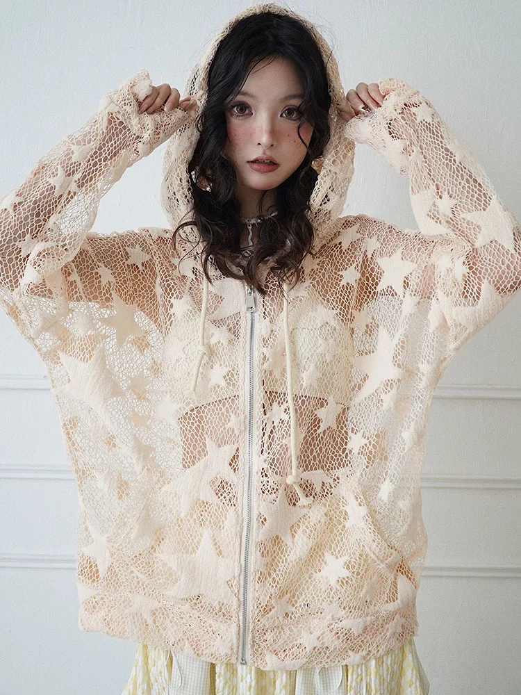 Personality Chic Beige Star Gauze Versatile Hollow Out Hooded Top Sexy Loose Fashion Age-reducing Long-sleeved Zipper Cardigan