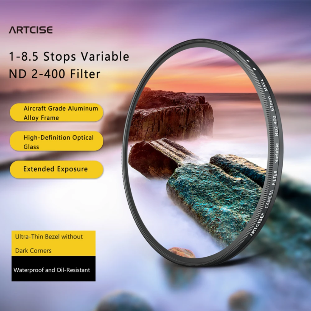 ARTCISE Variable Lens ND2-400 Filter 37/40.5/43/49/52/55/58/67/72/77/82mm Accurate Color Temperature Slim Camera Filter for DSLR