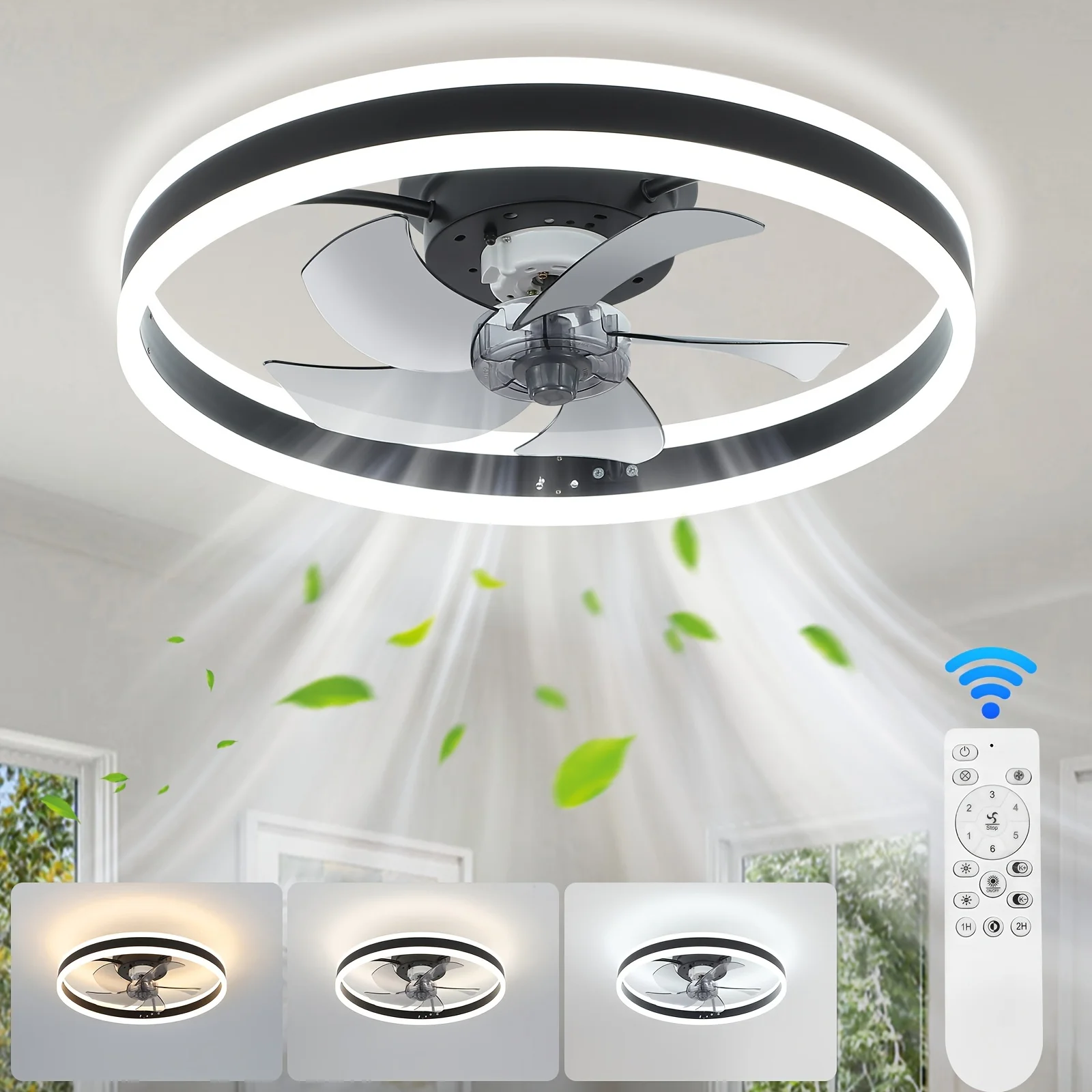 Recessed Ceiling Fan Light with Light and Remote Control, 16Inch White Modern Smart Bedroom Ceiling Fan