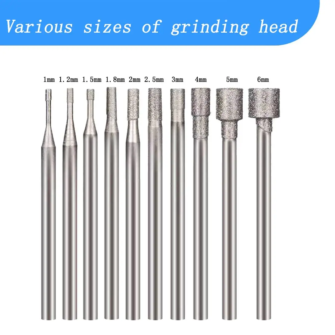 0.8mm to 5mm Hollow Cup Diamond Burr - 3/32''(2.35mm) Shank Diamond Mounted Stone Carving for Rotary Tools Includes Dremel