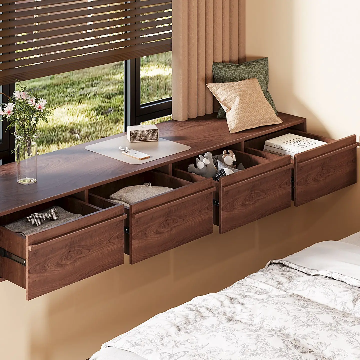 Solid wood bay window drawer cabinet, suspended window sill locker, household bedroom bay window storage cabinet