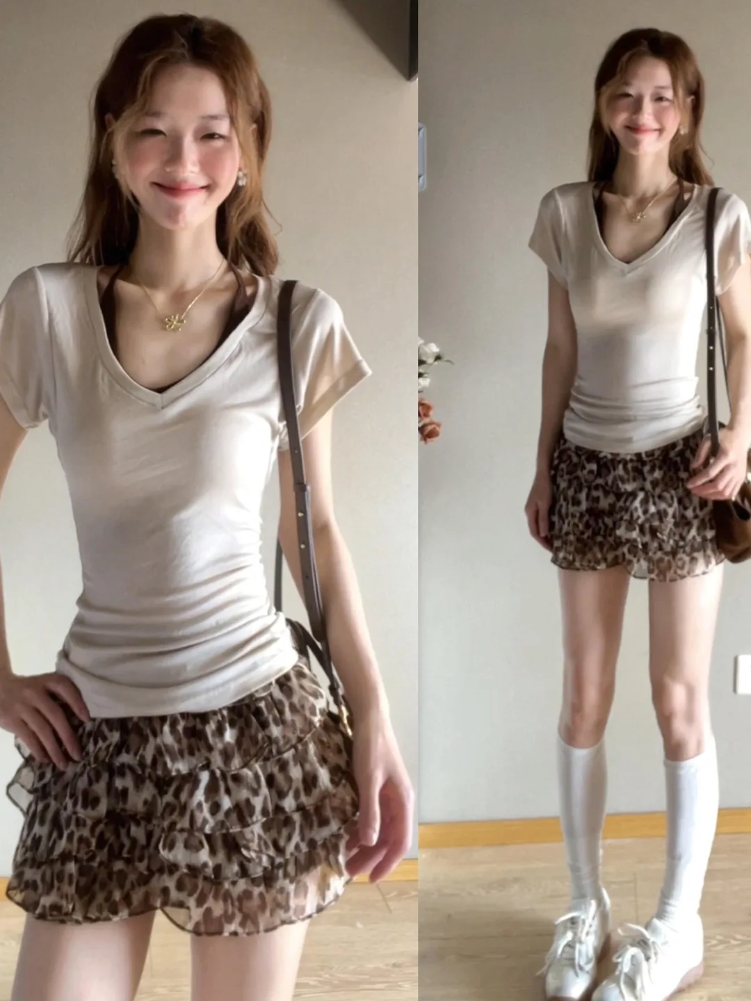 

Summer 2026 Women's Fashion Short Sleeve T-Shirt Leopard Print Skirt Set High Waist Breathable Lightweight V-Neck Casual