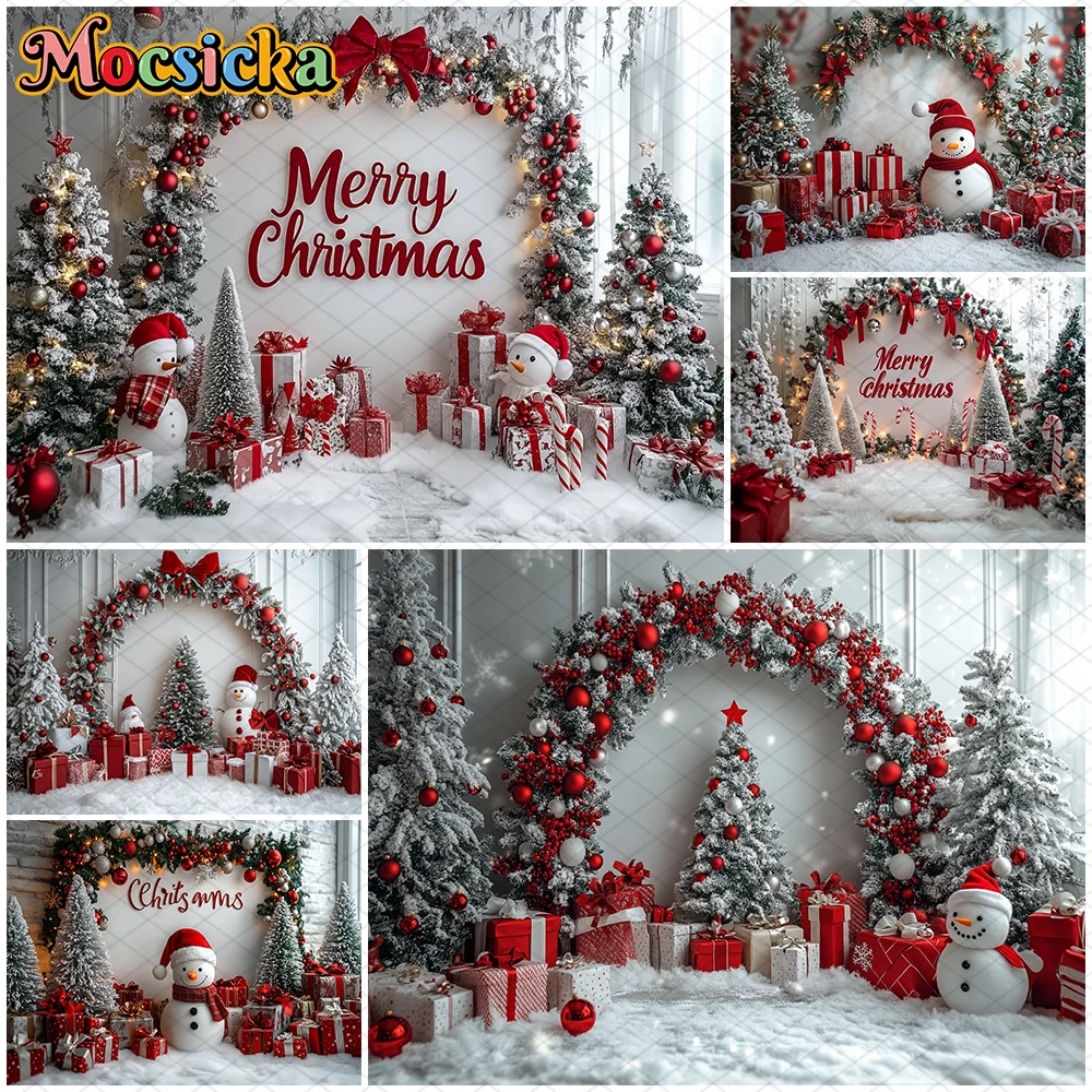 Mocsicka Merry Christmas Backdrop Photography Xmsa Tree White Wall Snowman Gifts Decorations Children Photo Background Wallpaper