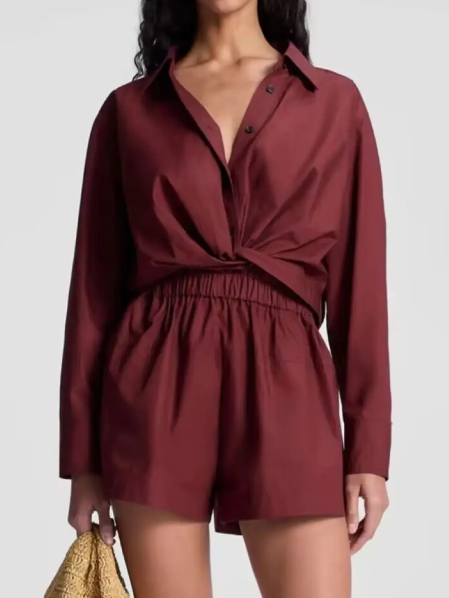 

Solid Color Women Knot Design Shirt Turn-down Collar Long Sleeve Single Breasted Casual Female Cotton Blouse