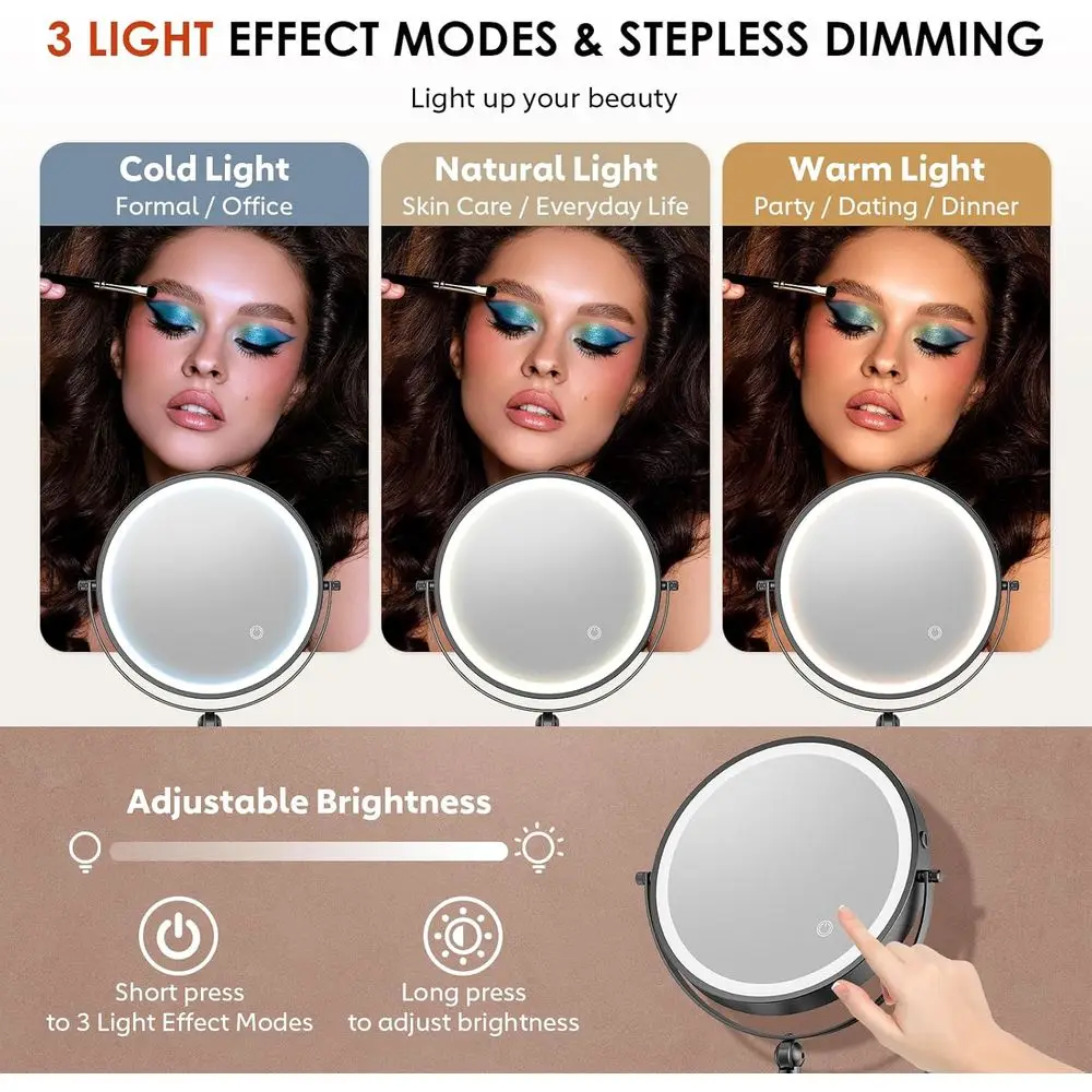 9 مرآة مكياج مثبتة على الحائط مضيئة LED، قابلة لإعادة الشحن بقدرة 4000 مللي أمبير في الساعة، تكبير مزدوج الجوانب 1X/20X، تعتيم باللمس، 360 درجة ° روتاتاب #6