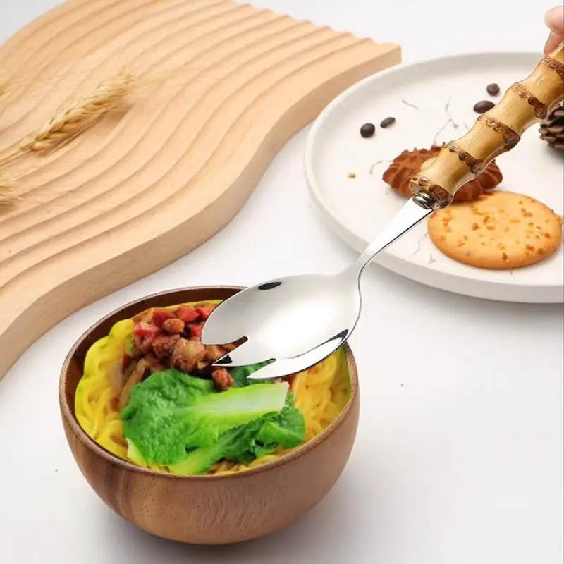 1pcs Bamboo Handle Dinnerware Salad Fork Spoon Cutlery Mirror Stainless Steel Flatware Western Home Kitchen Tableware