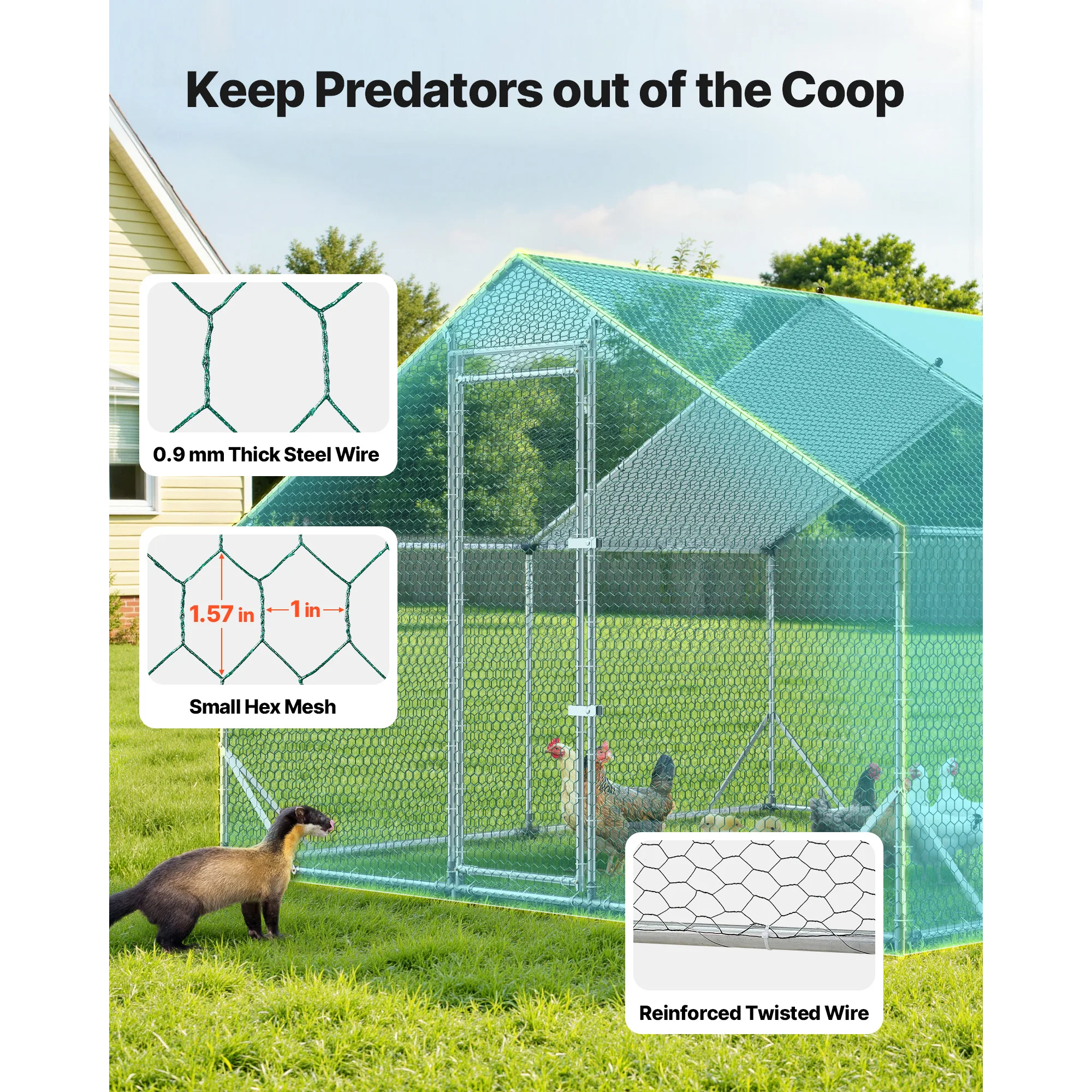 [US Stock] 9.8x9.8x6.6ft Walk-in Chicken Coop, Large Metal Chicken Run with Waterproof Cover, Galvanized Steel Frame, Poultry Ca