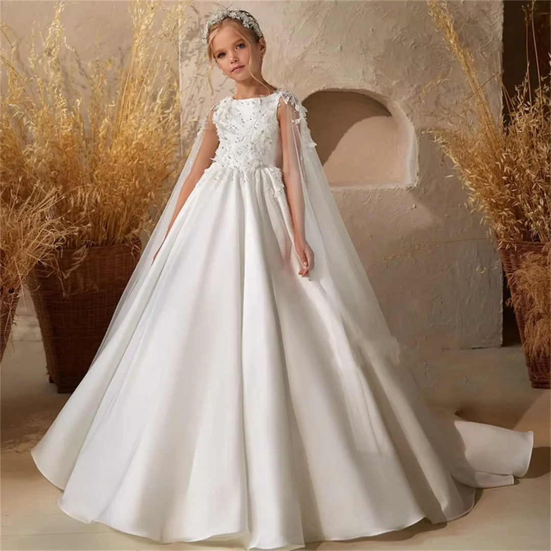 Princess Flower Girl Dress For Wedding Sequin Champagne Short Sleeves Puffy Shining With Bow Kids Baby Birthday Party