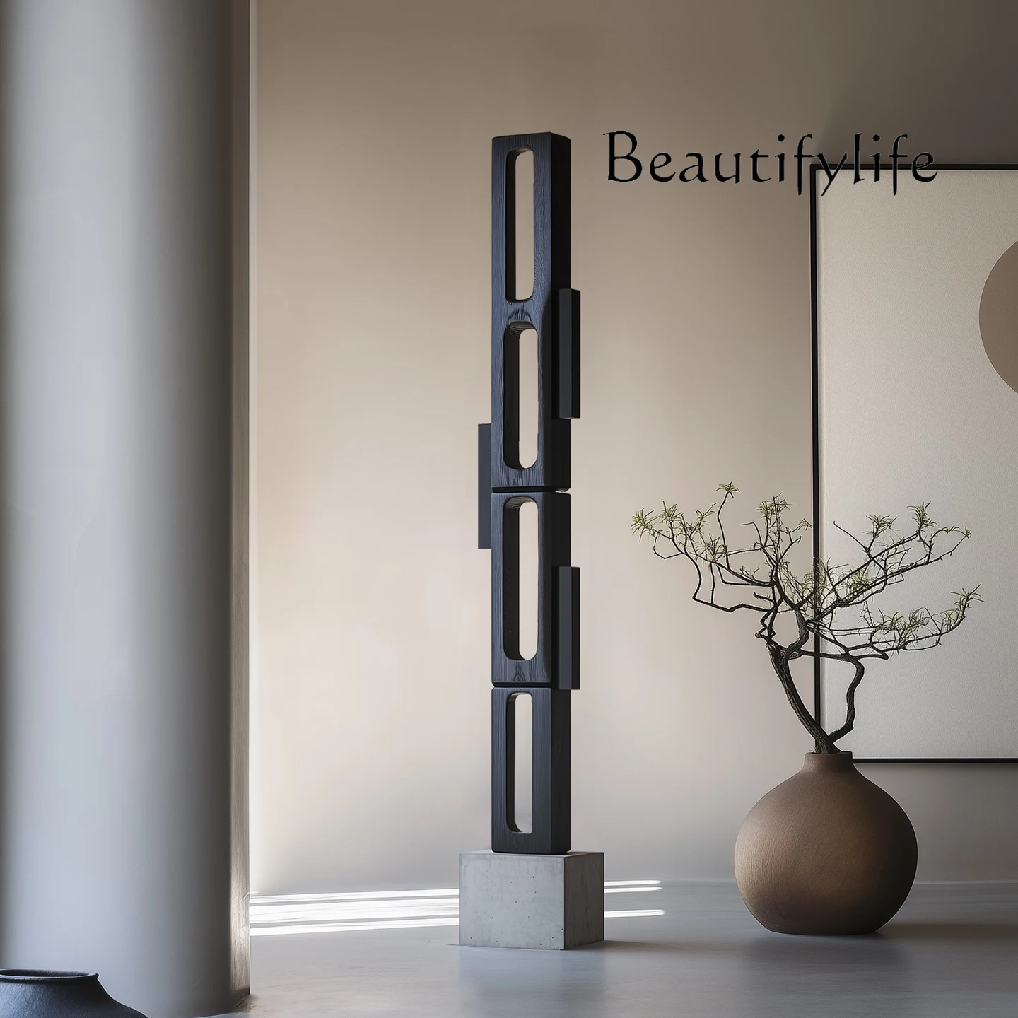 

Large geometric solid wood sculpture floor-to-ceiling ornament Hotel lobby Modern art installation Vertical decoration