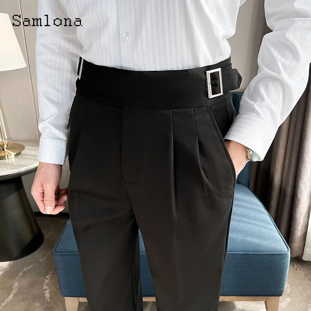 Men Elegant Buckle Up Suits Pants Solid White Ankle-Length Trouser Plus Size Mens Stand Pocket Suit Formal Party Wedding Pants