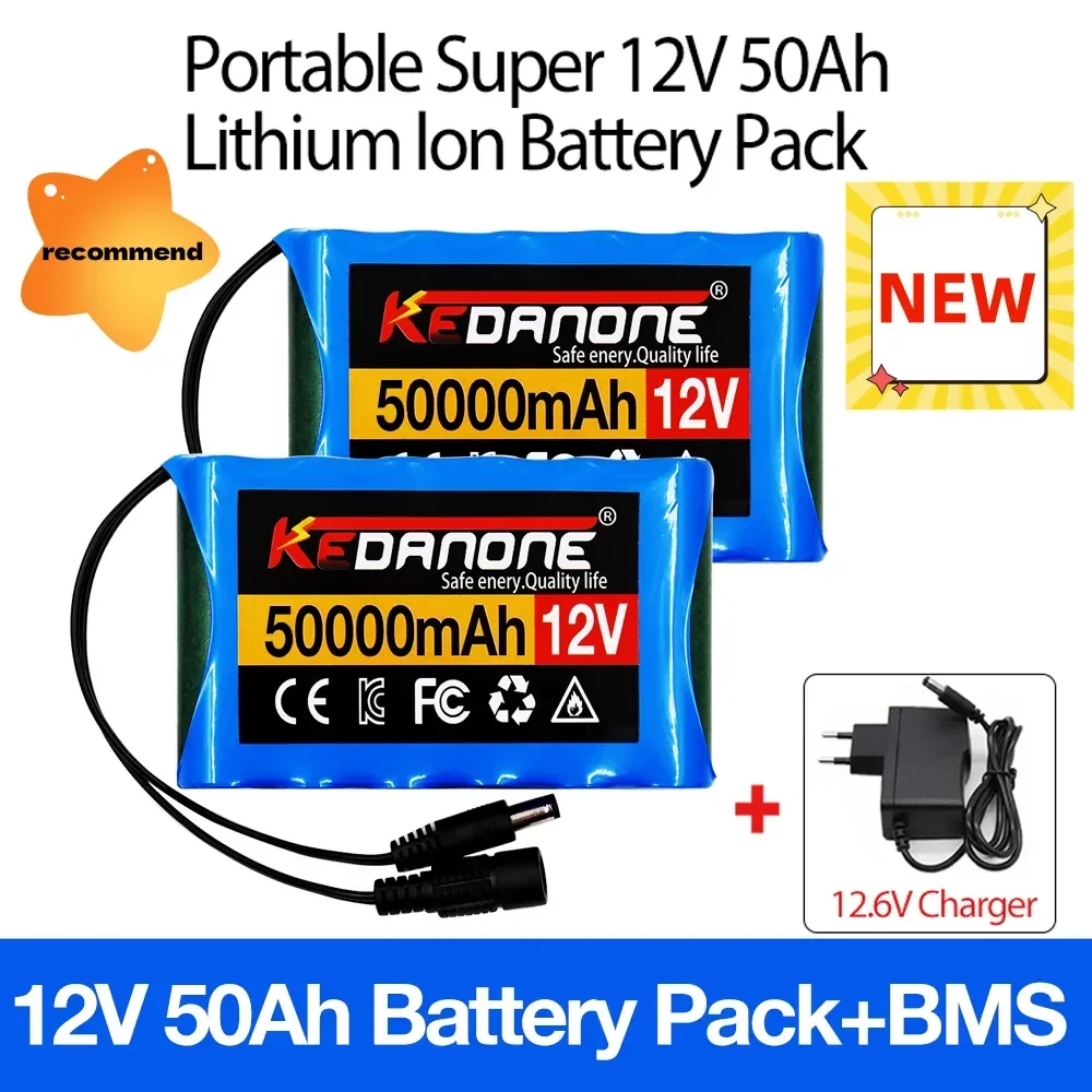 18650 3S2P 12V 50000mah Original Lithium Ion Battery DC 12.6V 50Ah Rechargeable CCTV, Camera Monitor Replacement Battery+Charger