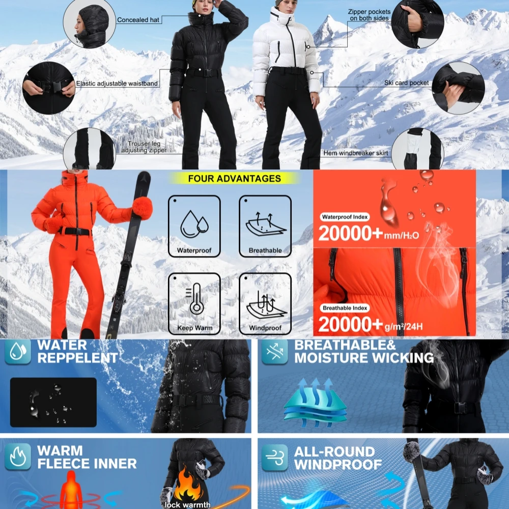 2025 여성용 덕다운 스키 점프수트 겨울 방풍 보온 스노보드 수트 슬림 핏 원피스 스키 스포츠 의류
