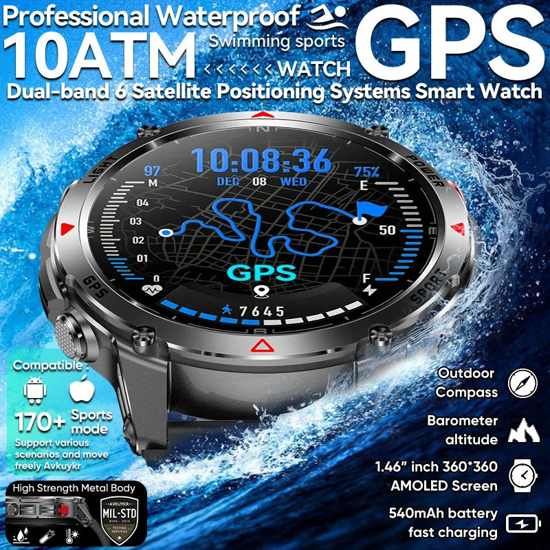 2025 New Military Grade GPS Smart Watch 10ATM Waterproof Multi-band GNSS Compass Altimeter AMOLED Swim Sports Smart Bracelet Men